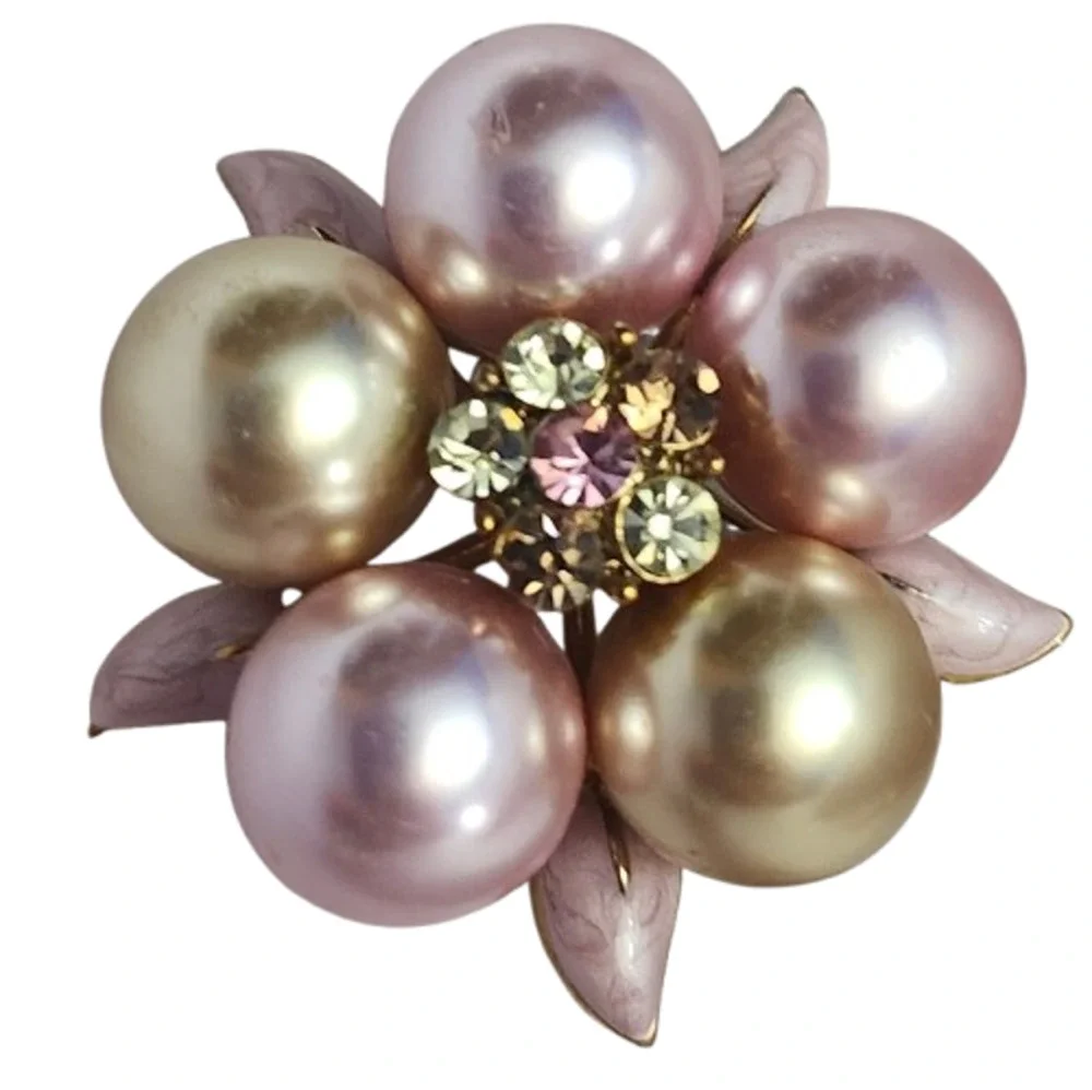 Vintage Mid-Century Faux Pearl & Rhinestone Flower Cluster Brooch Pin